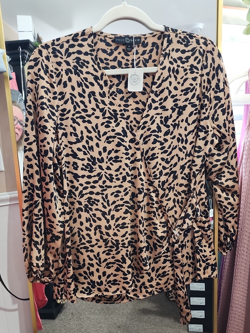 Fred David Black and Tan Leopard-Print Wrap Blouse